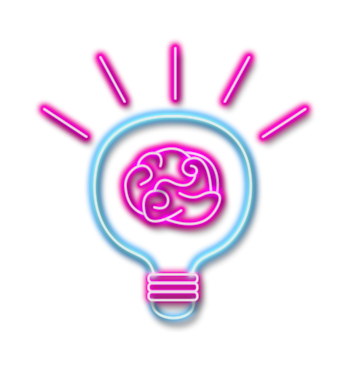 Cartoon neon lightbulb with a brain inside it.